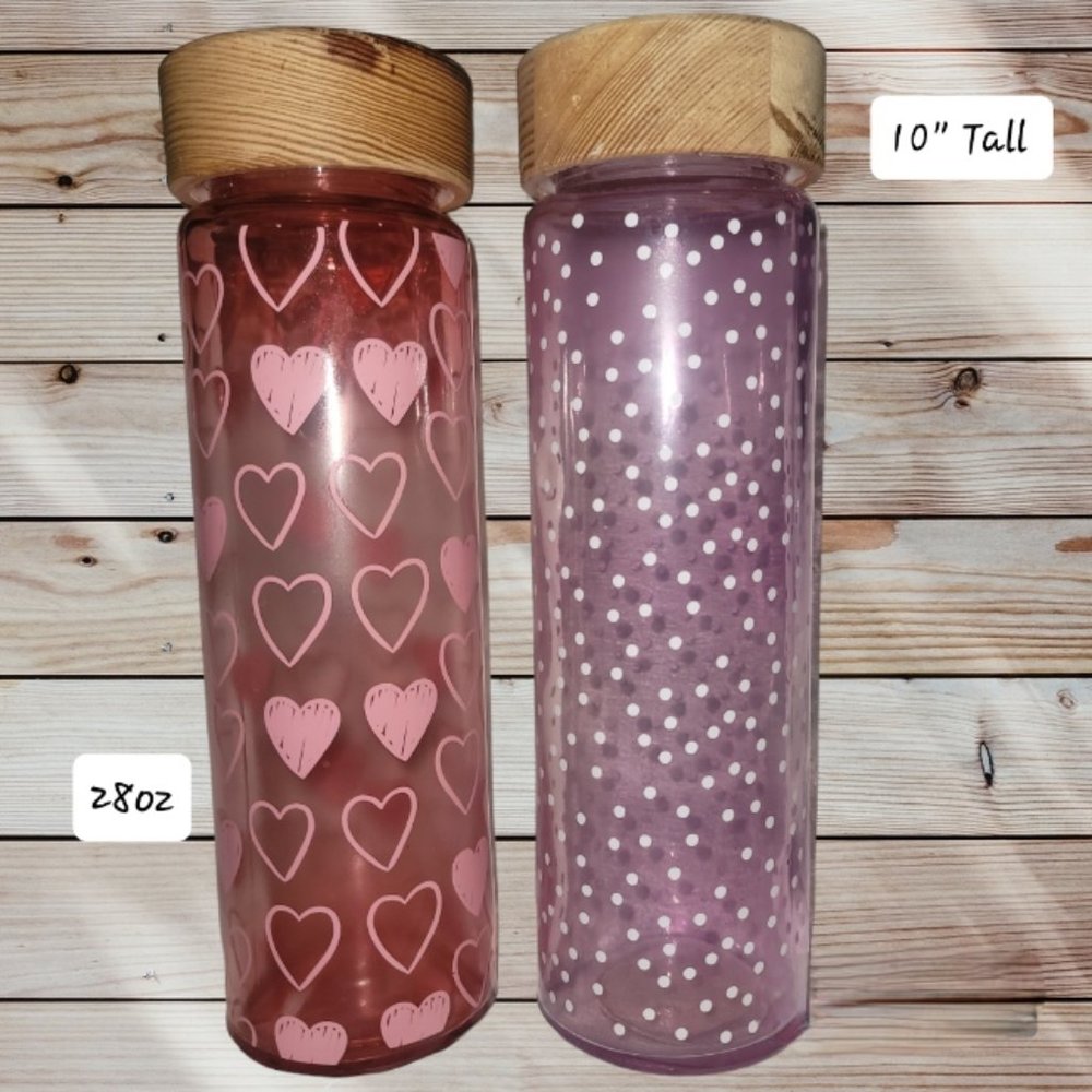 Set of 2 - 28 oz Glass Water Bottles w/ Bamboo Lids- Purple Pink Heart Polka Dot